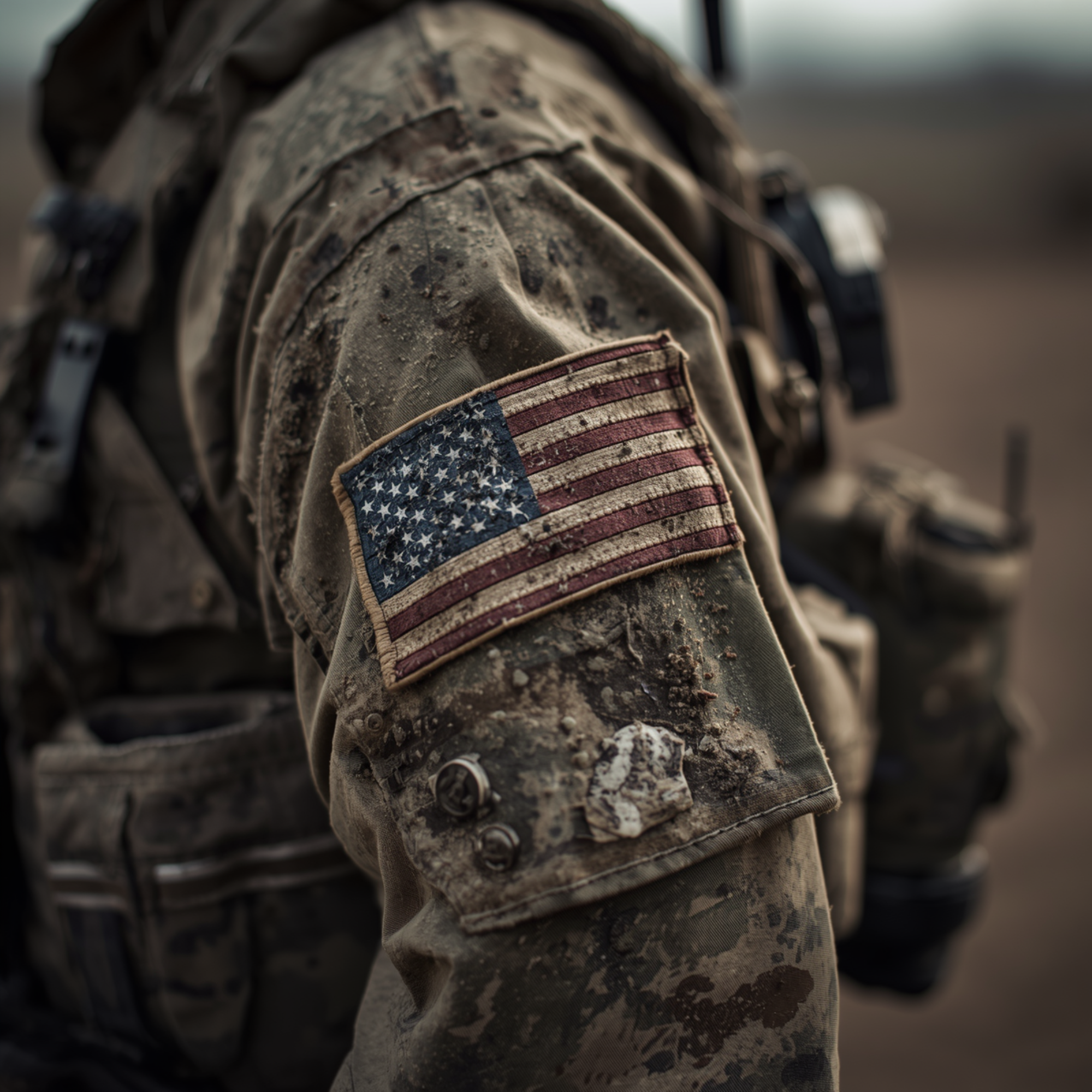 A dusty US flag on a soldier's shoulder