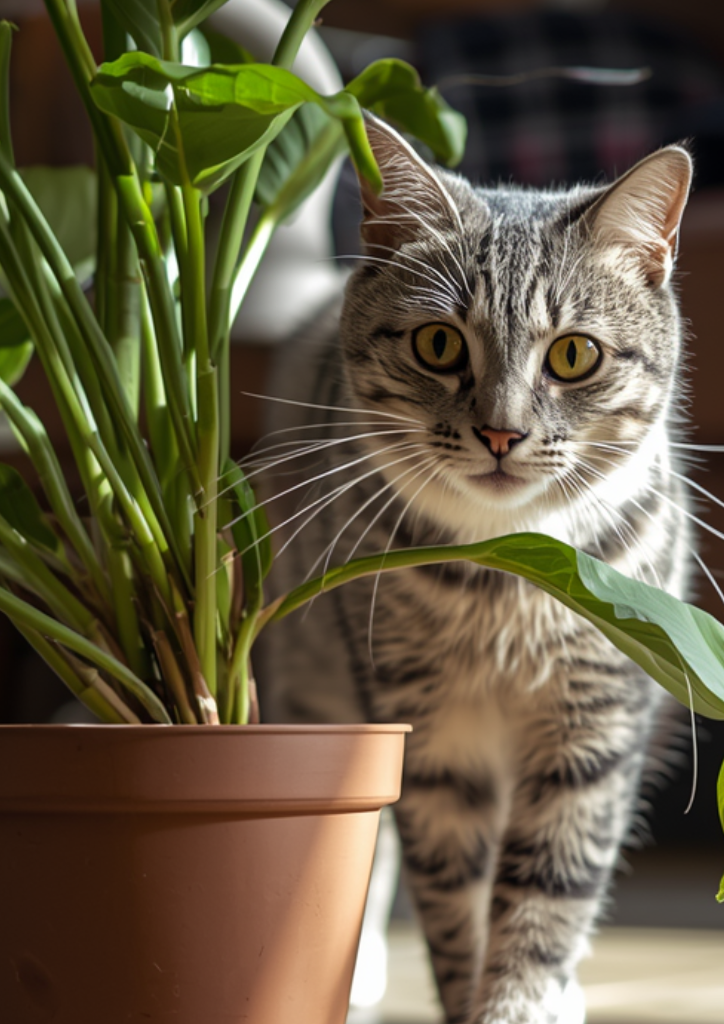 Cat looking out from behind a plant