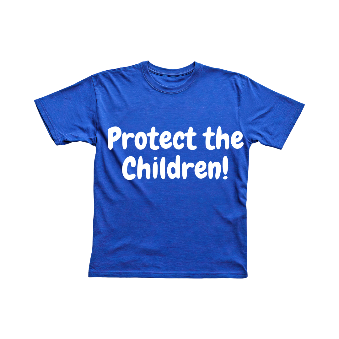 blue shirt with PORTECT THE CHILDREN written on it